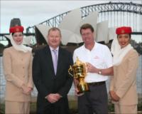 1991 winning Captain Nick Farr-Jones pictured with Tim Harrowell, Sales Manager New South Wales, Emirates and Emirates Cabin Crew