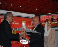 Ghaith Al Ghaith, Executive VP Commercial Operations World Wide, Emirates presents Adriano Galliani, Executive Vice President, AC Milan with a scale model of an Airbus A380 displaying Emirates livery
