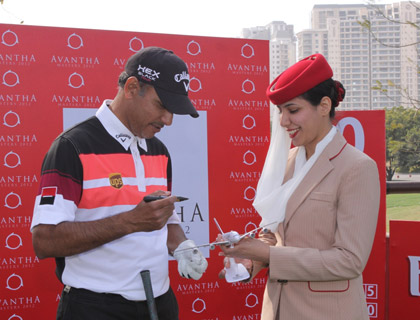 Local favourite Jeev Milkha Singh signing an Emirates A380 aircraft model during the Avantha Masters pro am